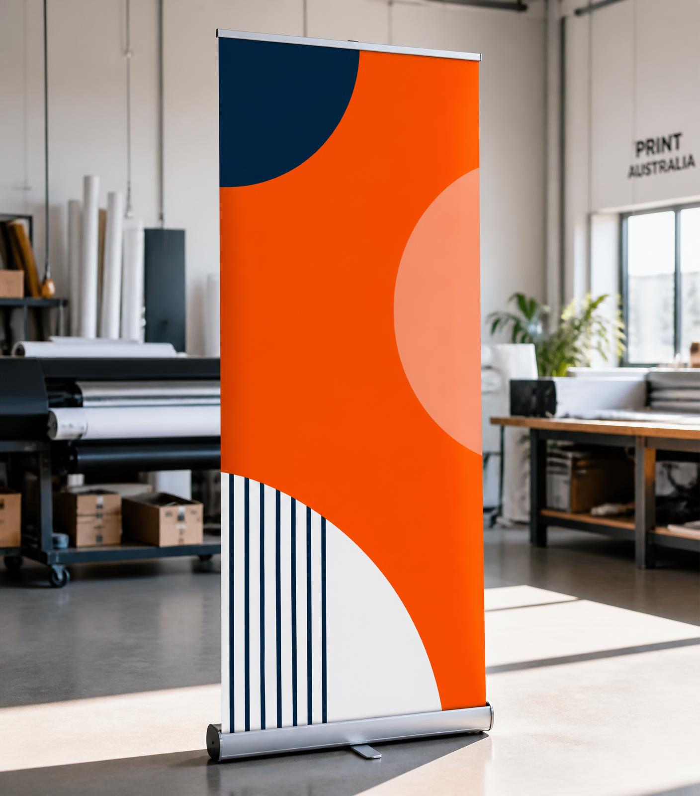 Pull up banner stand with a bold orange and navy design set up in a Brisbane print workshop